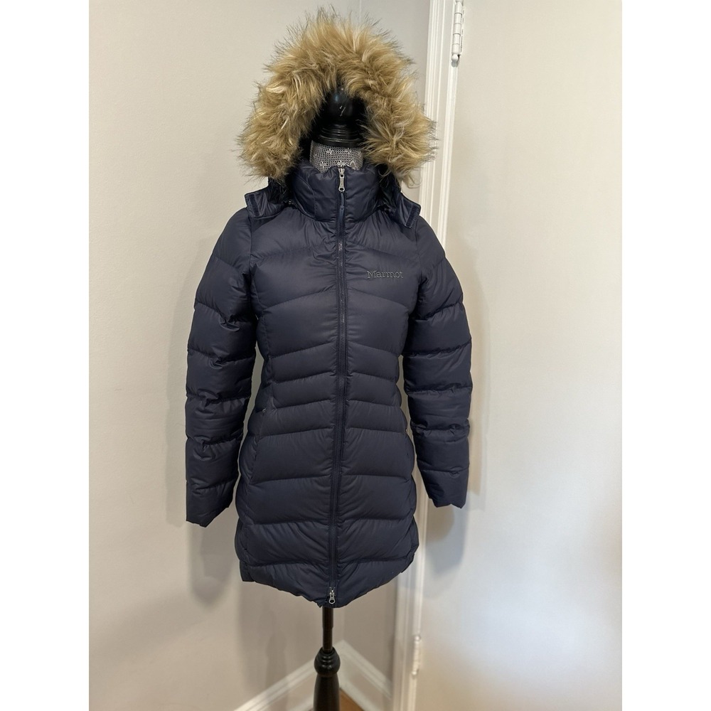 EUC Marmot Sz:XS Navy 700 Down fill Hooded Mid Length Parka Winter Coat Jacket
